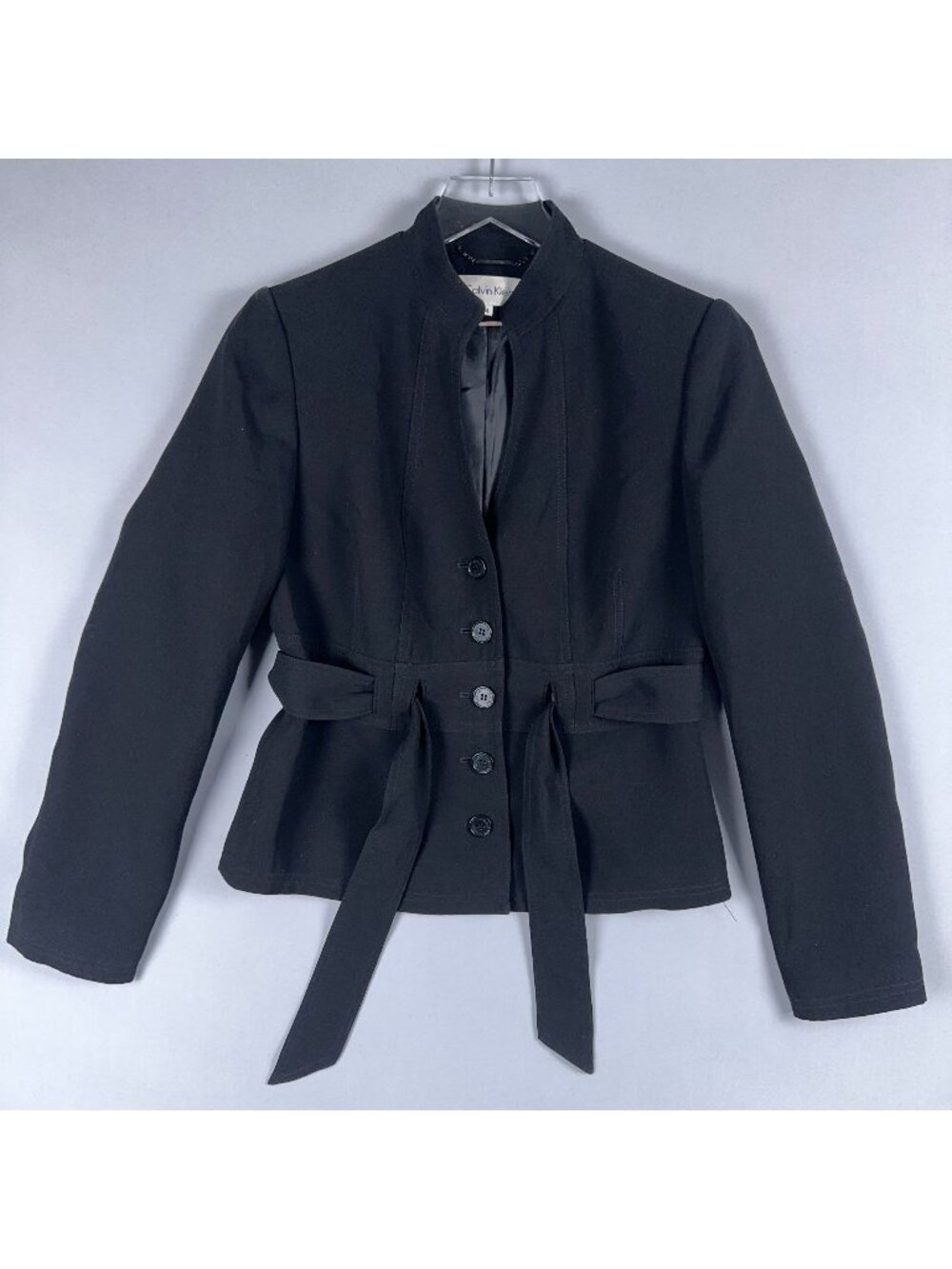 Calvin Klein Blazer Jacket Womens Size 4 Black Belted Button-Front Office Wear - Picture 1 of 12